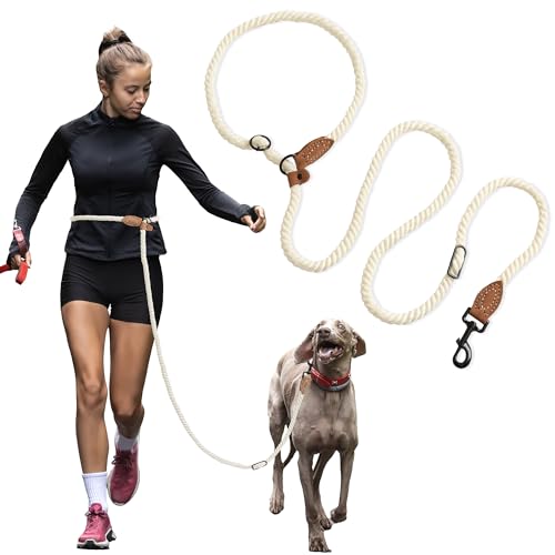 Mile High Life Hands Free Dog Leash, Crossbody Waist Leash with Genuine Leather Connection, Multifunctional Adjustable Slip Lead for Dog Walking Running (Cream, MF) Cream 8FT Hands Free