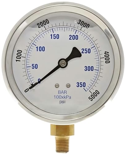 1/4" NPT Lower Mount Liquid Filled Pressure Gauge with 4" Dial - 0-5000 PSI - for Commercial or Industrial Hydraulic & Pneumatic Systems - Compressor Pressure Gauge Replacement