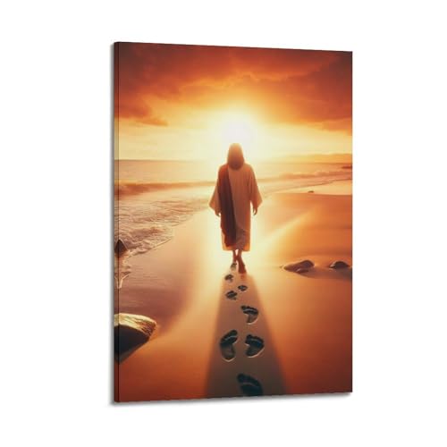 Poster chrétien marche sur la plage tableau déco murale chambre adulte cadre 30x45cm