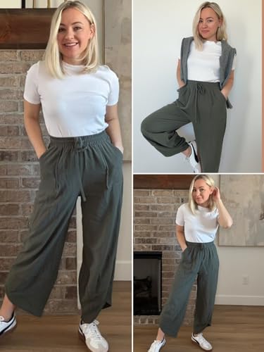 Women's Harem Cotton Linen Pants Wide Leg Barrel Baggy Sweatpants Palazzo Elastic Waist Trousers with Pockets Beach3