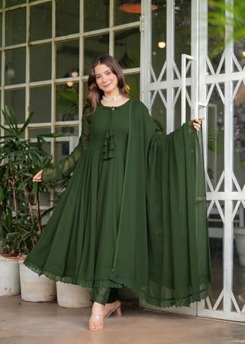 Image of Olive Green Flared Anarkali Dress with Lace Detailing Suit Set
