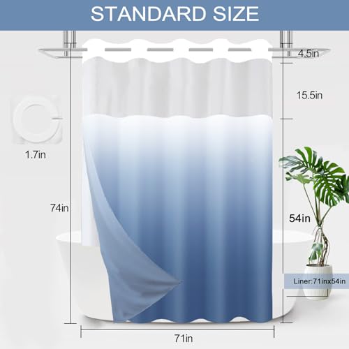 TWLSNCD No Hook Shower Curtain with Snap in Liner, Ombre Light Blue Shower Curtains and Liner Set, Hotel Fabric Bath Curtain for Bathroom, Mesh Top Window Waterproof Washable, 71" x 74" by TWLSNCD - Image 7