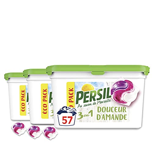 Persil Lessive Capsules 3en1 x57, Douceur d'amande au Savon de Marseille, Formule douce testée dermatologiquement, Eco Pack 57 capsules (lot de 3x19 Lavages)