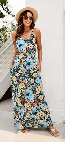 Image of Supnier Women's Summer Maxi Dress Casual V-Neck Sleeveless Bohemian Spaghetti Strap Floral Long Maxi Dress with Pockets