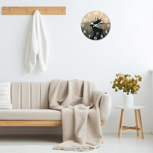 Image of XFM Rustic Elk Deer Wall Clock 12 Inch Vintage Mountain Forest | Silent Non-Ticking Battery Operated Round Decorative for Cabin Kitchen Farmhouse Decor