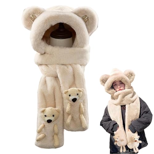 HunicandIU Conjunto de guantes de bufanda con gorro de invierno, gorros de animales de felpa cálidos - Lindo oso orejas a prueba de frío felpa sudadera con capucha sombrero guantes manopla bufanda