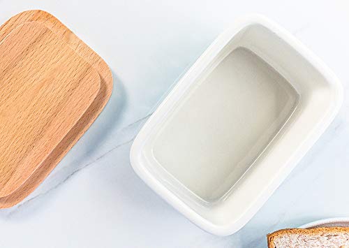 Krokori Large Butter Dish, Stoneware Ceramic Butter Dish Butter Container Margarine Dish Covered Butter Keeper with Wooden Lid Food Storage Box for Daily Use (5.5x3.6x2.6 inches, Aquamarine)