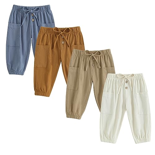 Toddler Baby Boy Girl Cotton Linen Joggers Pants Elastic Basic Button Cargo Harem Bloomers Infant Fall Clothes (4pcs, 3-4 Years)