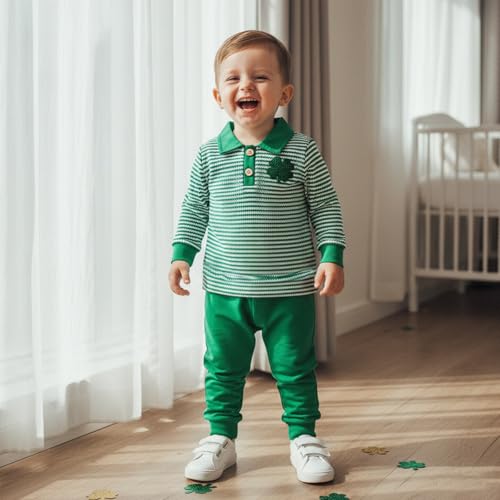 Image of Toddler Baby Boy St Patricks Day Outfit Infant Lucky Clover Sweatshirt Pants Set Little Kids Spring Warm Clothes