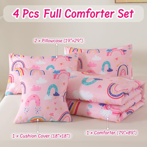 Image of Rainbow Girls Bedding Set Full Size, Love Hearts Pink Rainbow Comforter Set Full Bedding Sets for Girls Kids