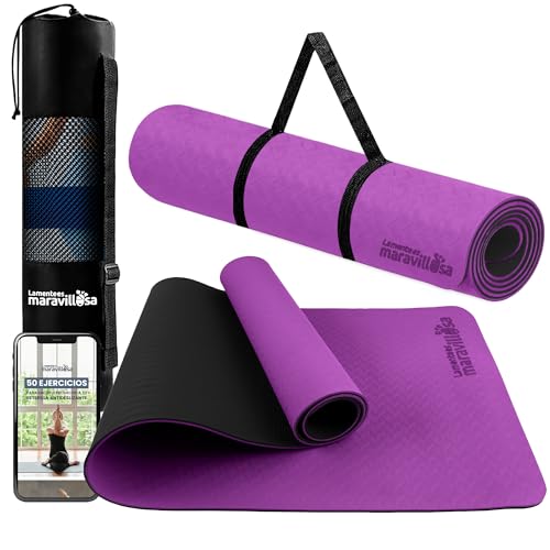 LA MENTE ES MARAVILLOSA - Esterilla de Yoga, Pilates y Fitness【E-Book, Bolsa y Correa de Hombro】Colchoneta Antideslizante TPE para Deportes, Gimnasio en Casa | 183x61 cm (Morado/Negro sin Diseño)