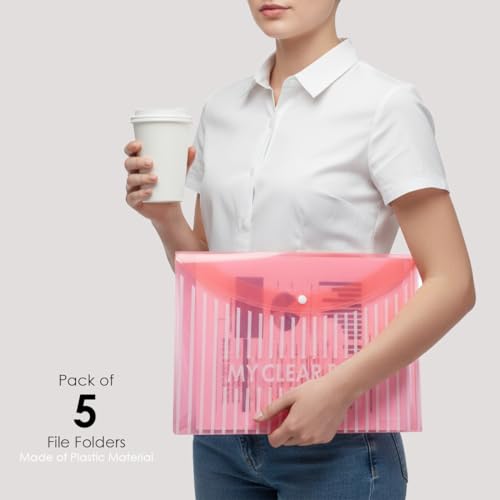 Image of Shuban Document File Folders with Snap Button Closure, Waterproof Plastic Envelope Pouches for Letter /A4 Size Paper, Assorted Transparent Colors (Style-1- Lining Print Folder-5Pcs-Mix Color)