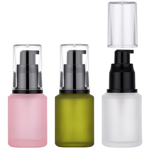 Image of Segbeauty 1oz Frosted Glass Lotion Bottle Empty, 3pcs Travel Lotion Container, 30ml Refillable Glass Travel Bottles for Toiletries, Hair Oil Bottles, Mini Size Skincare Cream Pump Bottle Mixed Color