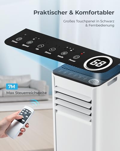 Klimaanlage Mobil - Klimagerät mit Abluftschlauch 7000 BTU | 4-in-1 Mobiles Klimagerät | Leiser Betrieb | Digitaldisplay + Fernbedienung | Fenster-Installationsset | 24h-Timer | Für Räume bis 20 m²