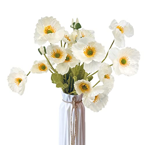 Ikosora Künstliche Blume, 5Pcs künstliche Mohnblumen, künstliche Mohnblume Lange Blumenstiele dekorative Vase, künstliche Mohnblume künstliche Dekoration Haus Hochzeit Dekorationen (Weiß)