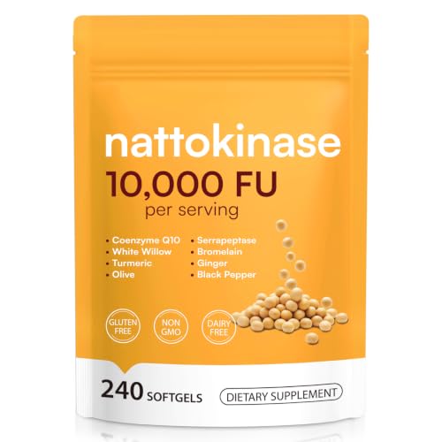 AIQIUSHA Nattokinase 10 000 FU with Serrapeptase Bromelain & CoQ10 Triple Enzyme Complex from Fermented Soy Extract Herbal Blend with Turmeric & Olive Leaf Enteric Softgels Non-GMO 240 Count
