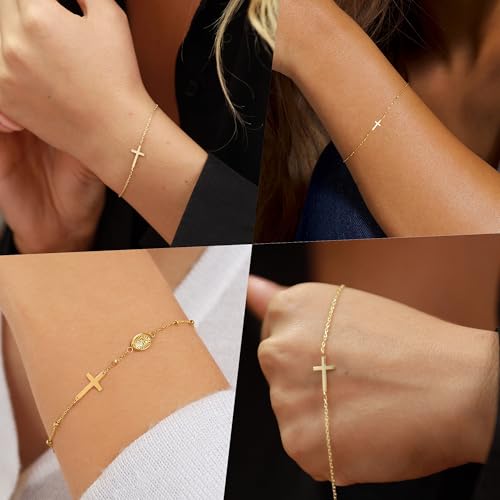 BAYLAY Cross Bracelet for Women - 18K Gold/White Plated Dainty Thin Chain Pearl Double Cross Jewelry - Bridesmaid Gifts3