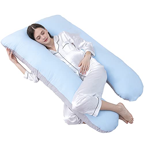 DOWNCOOL Pregnancy Pillows with Cotton Cover, U Shaped Full Maternity Body Pillow for Sleeping, Support for Back, Hips, Legs, Belly for Pregnant Women (Blue Grey, 55 x 28 inches)