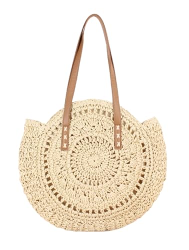 Sac bandoulière en paille grand sac à main rond de plage d'été pour femme beige