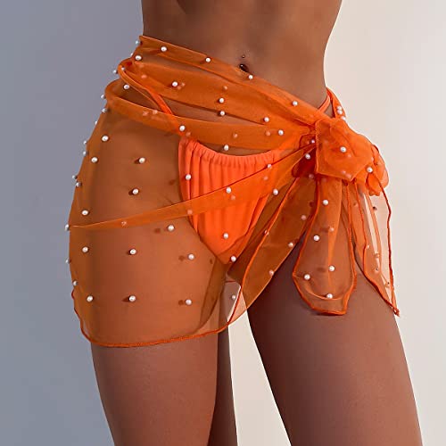 Image of GORGLITTER Women's Cover Up Sarong Wrap Skirt Bachelorette Outfits for Bride Sheer Mesh Bridal Swimsuit Pearl Bathing Suit