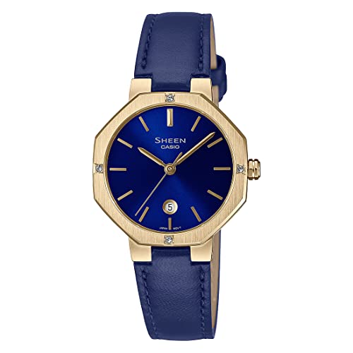 Image of Casio Women Leather Analog Blue Dial Watch-She-4543Gl-2Audf, Band Color-Blue