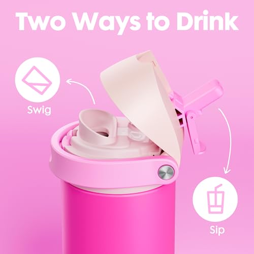 Image of 18 oz Kids Water Bottle for School: Meoky 18 oz Stainless Steel Insulated Water Bottle with 2-in-1 Straw and Spout Lid - Leak Proof, Fits in Car Cup Holder, BPA-Free for Teen Girls, Raspberry Vibes