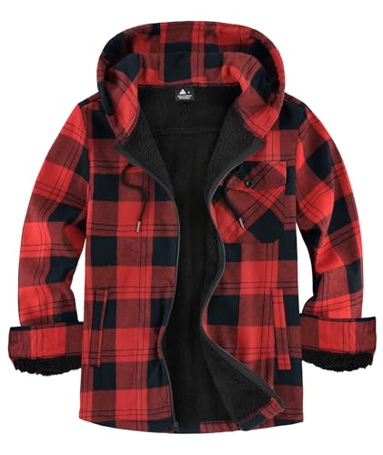 JACKETOWN Holzfällerjacke Herren Gefüttert Hemdjacke Herren mit Kapuze Kariertes Jacke Männer Reißverschluss Flanelljacke Sherpa Jacke Trekking Winterjacke Thermohemd Outdoor(Schwarz Rot L)
