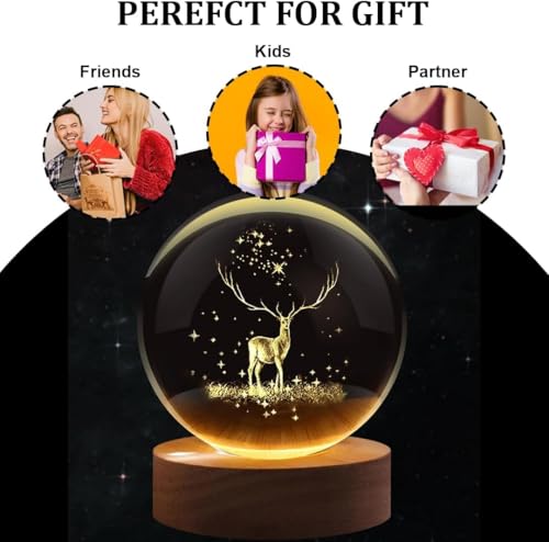 Image of UCRAVO 3D Deer Crystal LED Night Light Decoration Snow Globe Christmas Night Light, 3D Laser Engraving Glass Ball,USB Charging Crystal Ball with Wooden Base,Nightstand Bedroom Decoration, Home Gift