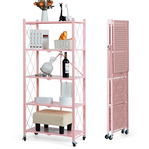 Image of BRIAN & DANY 5-Tier Foldable Storage Shelves with Wheels, Folding Metal Rack Shelving Unit, Heavy Duty No Assembly Organizer Shelf for Garage, Kitchen, Basement, Pantry, Pink