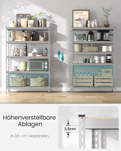 SONGMICS Schnelle Montage, Schwerlastregal, Standregal, Lagerregal, Küchenregal, Regal, 5 Ablagen, 60 x 120 x 180 cm, bis 875 kg belastbar, für Keller, Küche, Arbeitszimmer, silbern GLR600E01