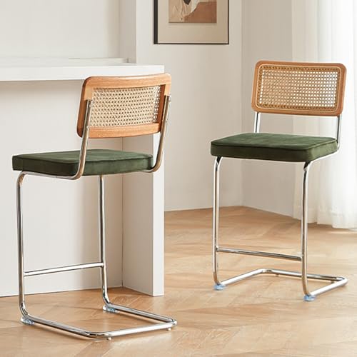 Image of GrandNoor Natural Rattan Bar Stools Set of 2 with Solid Wood Back, 24 Inch Mid Century Modern Counter Height Stools, Green Upholstery Boho Stool for Kitchen Counter with Chrome Metal Legs