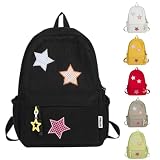 Y2k Star Mochila Kawaii, bolsa de grande capacidade, mochila grande de veludo cotelê, linda bolsa estética para mulheres e mulheres, Preto, Large, Mochila Star Y2k