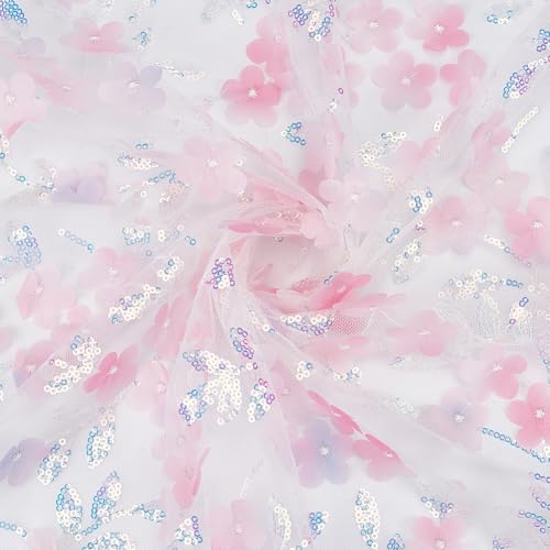 CABODYALS 1.42 Yards Pink Mesh Sequin Sheer Fabric by The Yard 3D Flower Lace Tulle Fabric Sequins Glitter Floral Embroidery Cloth for Sewing Making Crafts Clothes Dress Wedding Bridal Costume Decor