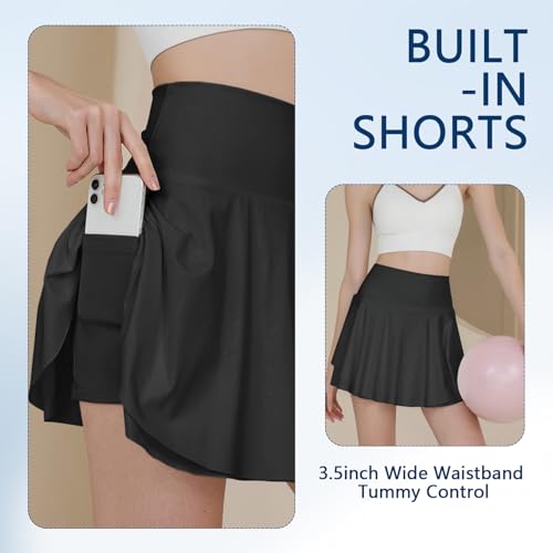 Rock mit Hose Drunter Tennis Sportrock Damen V Bund Hohe Taille Rock Damen Plissiert Tennisrock Geeignet für Golf Tennis Volleyball Laufen Fitnessstudio (Schwarz,M)