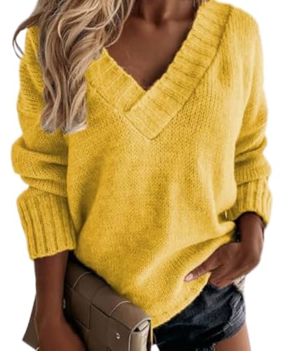Chunky Sweaters for Women Long Sleeve V Neck Classic Solid Knitted Sweater Loose Fit Pullover Knitwear Tops S-3XL Light Yellow