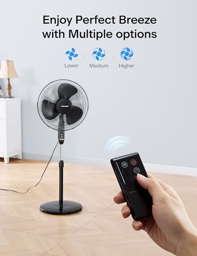 Image of PELONIS 16'' Pedestal Fan for Bedoom with Remote, Upgraded, Standing Fan with 7-Hour Timer, 90 Oscillation, 3-Speeds, Adjustable Height, Electric Cooling Fans for Living Room and Office