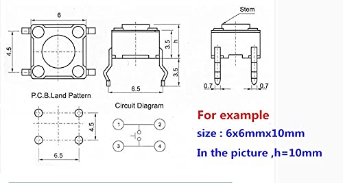 Interruptores de botón táctil momentáneo de 6 mm pulsadores micro switch para PCB 100 piezas 4