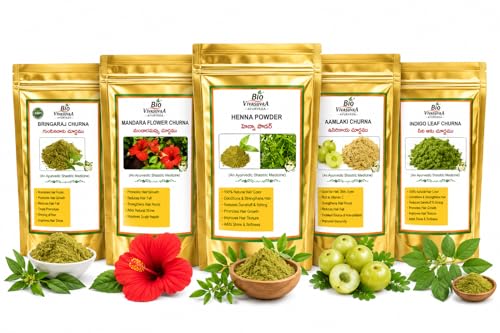 BIOVIVASVAA Ayurvedic Hair Care Powder Set, Hibiscus Flower-50gm, Bringaraj-100gm,Henna-100gm, Amla and Indigo leaf Churna-50gm Pack for Natural Hair Treatment, 5 Pouches (400gm) - Best hair pack for grey Hair in ayurveda