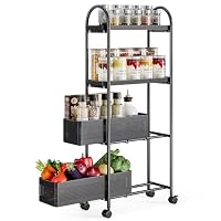 KINGRACK 4 Tier Slim Rolling Cart with Drawer, Metal Utility Storage Cart | 2 Pull-out Baskets, Lockable Wheels, Narrow Space Trolley Organizer for Bathroom, Kitchen, Office, Dorm, Laundry Room, Black