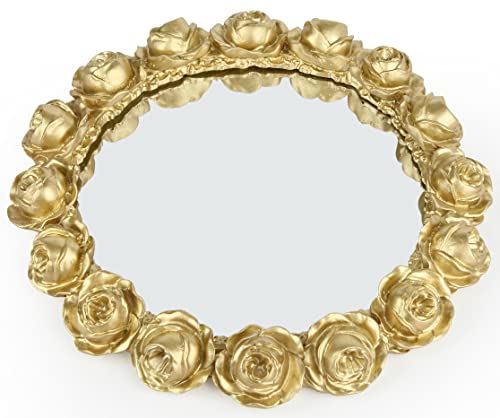 Vixdonos Decorative Round Mirror Tray Bathroom Vanity Tray with Gold Resin Rose for Perfume,Jewelry and Makeup by Vixdonos - Used condition - US$20.99
