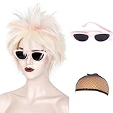 WeKen Womens Short Blonde with Highlight Pink Blue Wig Crazy Spiky Short Blonde Wig for Weird Costumes Halloween Cosplay Movie Party (Wig+Wig Cap+Sunglasses)
