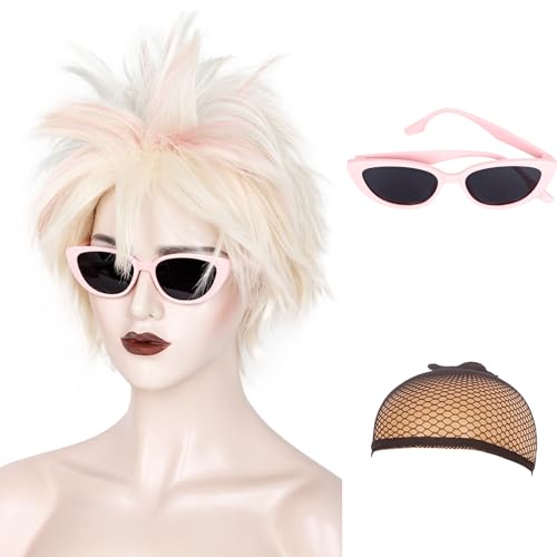 WeKen Womens Short Blonde with Highlight Pink Blue Wig Crazy Spiky Short Blonde Wig for Weird Costumes Halloween Cosplay Movie Party (Wig+Wig Cap+Sunglasses)