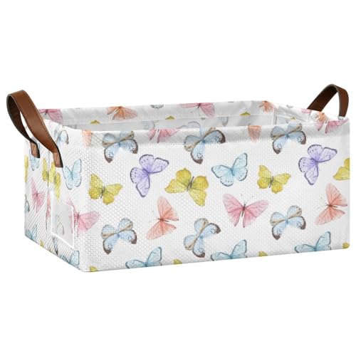 Fygkptb Seamless Watercolor Pink Purple Turquoise Gold Butterflies on White 1 PC Rectangle Foldable Frame Basket Leather Handles Storage Bin for Laundry Bathroom Organizer 16.9 x 11.4 x 7.7 inch