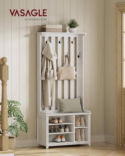 Image of VASAGLE Hall Tree with Bench and Shoe Storage, Coat Rack with Shoe Bench, 7 Double Hooks for Jackets, Hats, Entryway, Bedroom, Living Room, 13.8 x 31.9 x 70.9 Inches, Rustic White UHSR414W01