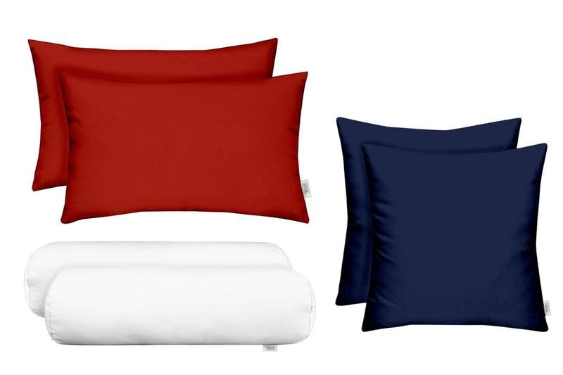RSH DECOR: 6-Pack Red White & Blue Pillow Set | All-Weather Spun Fabric | Water & Fade-Resistant | Outdoor Pillows Lumbar, Square, & Neck Roll | Red, White, Navy Blue