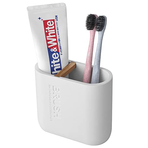 Toothbrush Holders Resin Bamboo Tooth Brushing Holder for Bathroom Countertop, Tooth Brush Storage Organizer Stand for Holds Toiletries and Beauty Accessories, Toothpaste, Floss, Razor, Matte White