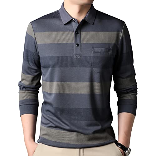 Mens Casual Chest Pocket Striped Slim Fit Long Sleeve Collared T Shirt Polo Shirts