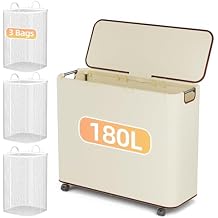 Yecaye 180L Laundry Basket With Lid and Removable 3 Bags, Large Rolling Laundry Hamper with Lid, 3 Section Rolling Clothes Storage With Wheels, Clothes Hamper with Wheels For Laundry Room, Beige