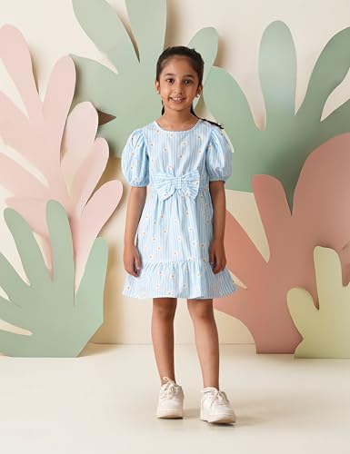 Image of Amazon Brand - Symbol Girls Bow Detail Pure Cotton Knee Length Casual Dress