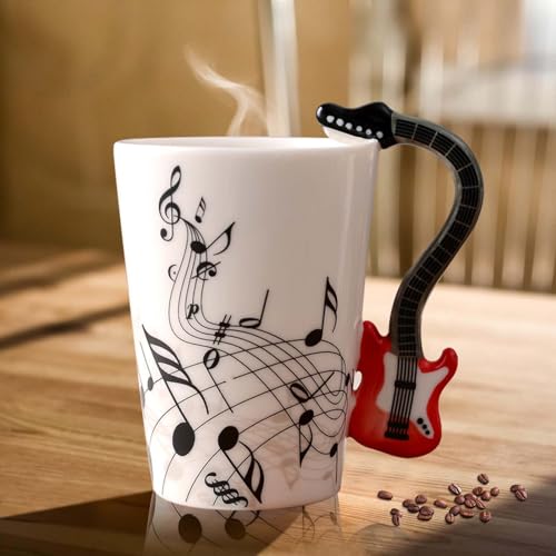 Caneca de café de cerâmica com alça de guitarra elétrica, nota musical impressa, caneca de chá de presente, caneca de cerâmica, caneca de café para amantes da música, presente de música, 250 ml